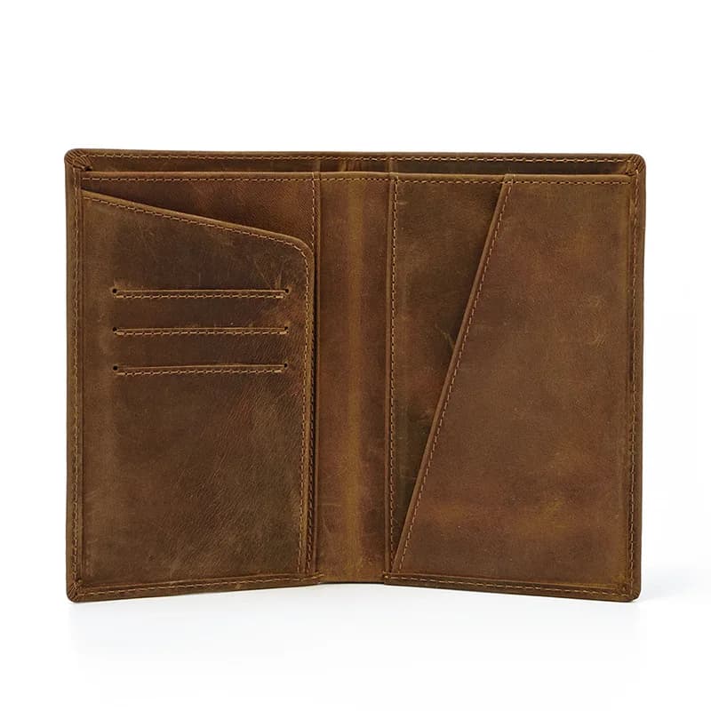 Retro Crazy Horse Cowhide Passport Holder, Durable Genuine Leather Business Wallet Money Clip for Male Travel