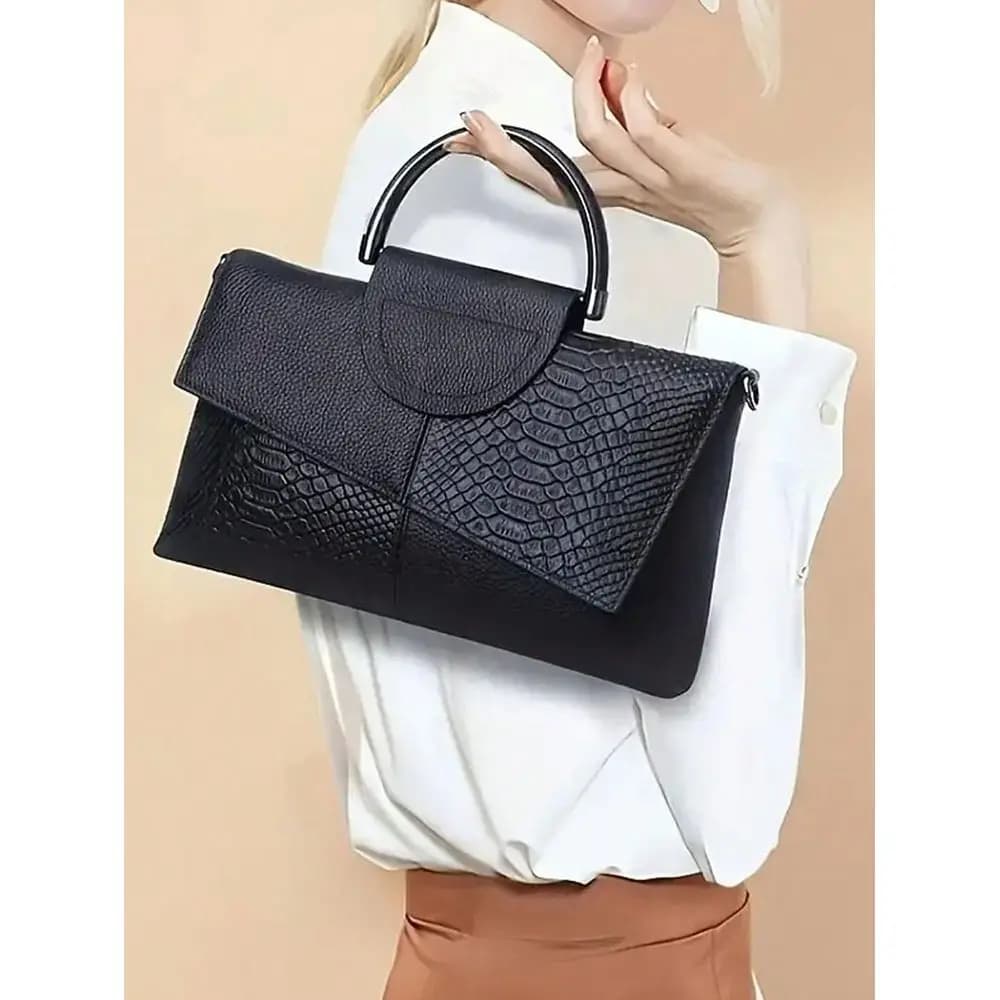 Nuova Borsa Nera con Motivo Pelle di Serpente per Donna, Primavera-Estate, Stile Casual e Semplice, Versatile