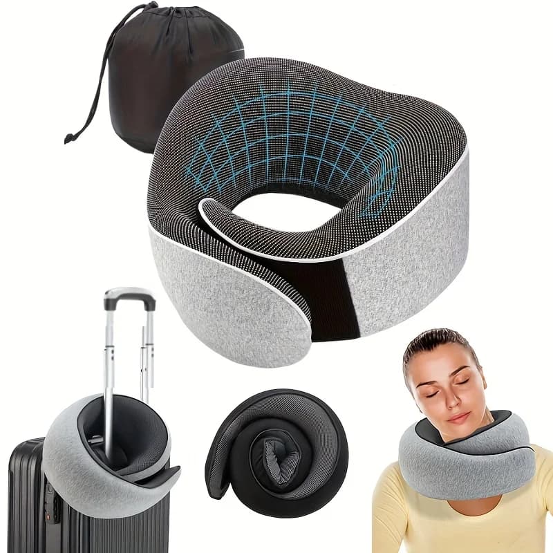 Cuscino da Viaggio in Memory Foam a Forma di U, Stile a Chiocciola, Supporto per il Collo Portatile e Regolabile, Morbido per Riposini e Sonni Pomeridionali