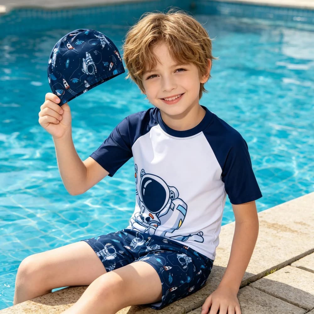 Set di costumi da bagno per bambini, 3 pezzi, per ragazzi, con protezione solare a maniche corte, camicia da bagno + pantaloncini + cappello, stampa astronauta e squalo, abbigliamento da spiaggia per bambini