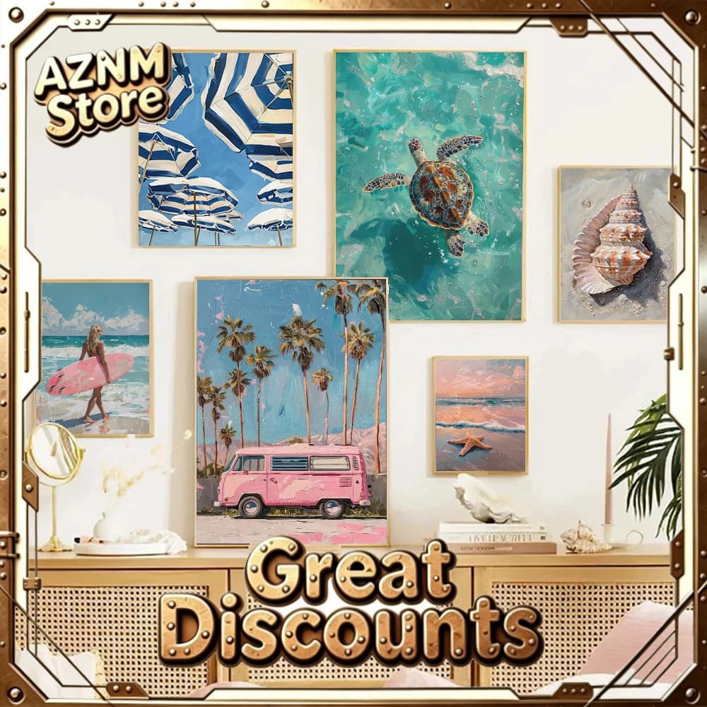 Poster da parete con cactus, palme, tartarughe marine e conchiglie, stile francese estivo, per decorazione casa e camera