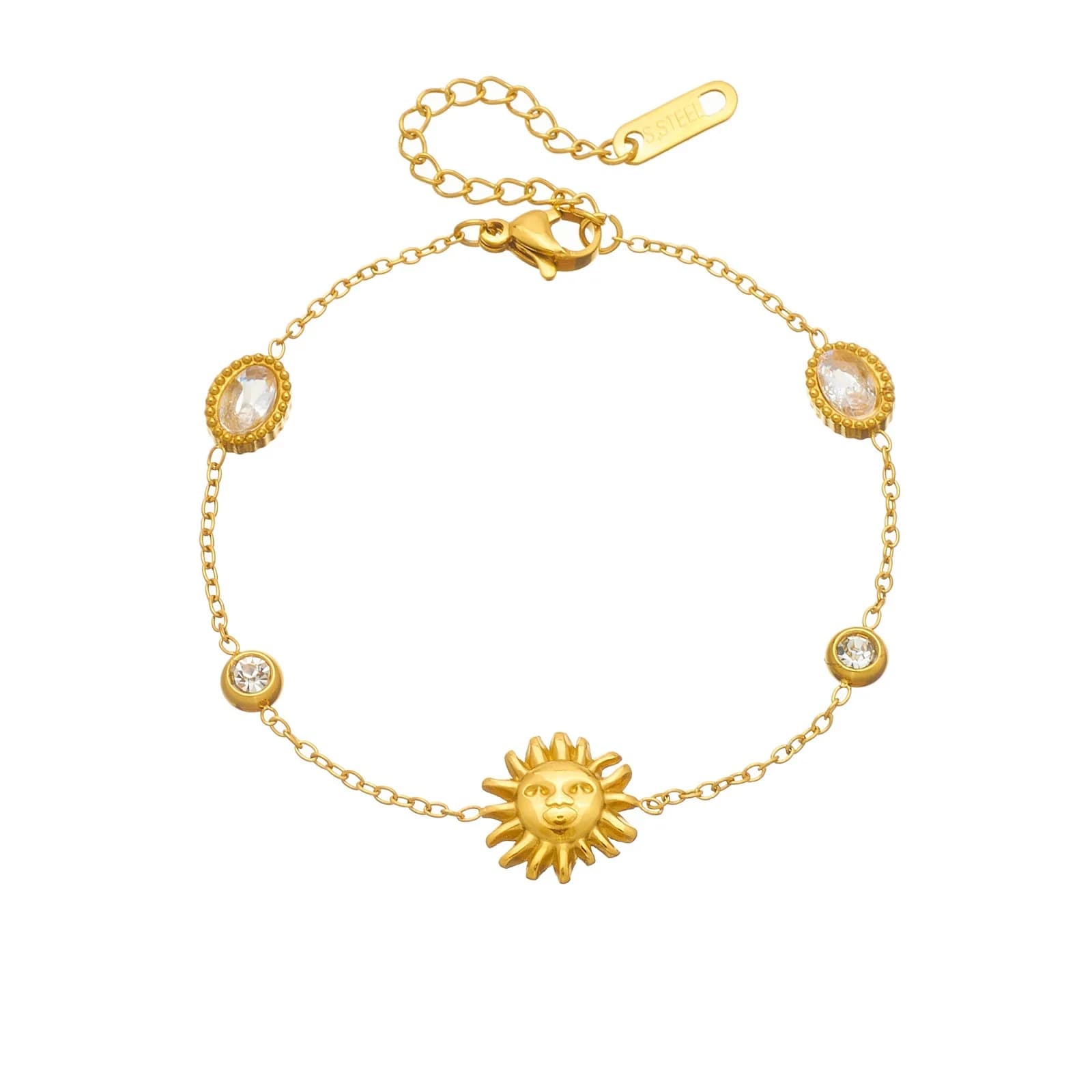 Hypoallergenic Vintage Sun Face Bracelet Waterproof 18K Gold Plated Titanium Steel Shiny Oval Crystal Stackable Charm Bracelet