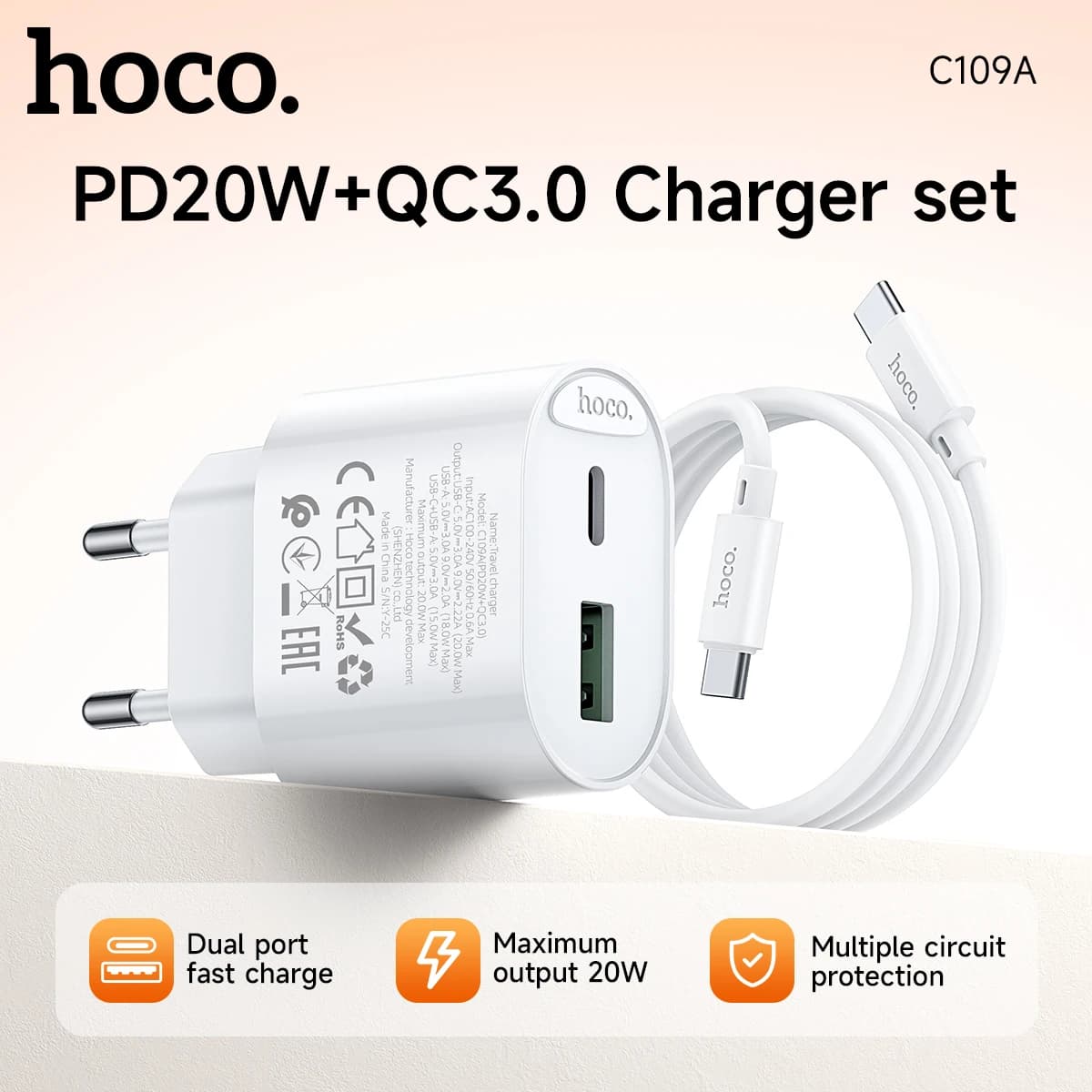 Caricabatterie Rapido HOCO PD20W QC3.0 per Xiaomi 15 17 Ultra, Adattatore da Viaggio con Porta USB C PD3.0 per Huawei P30 P40 Pro
