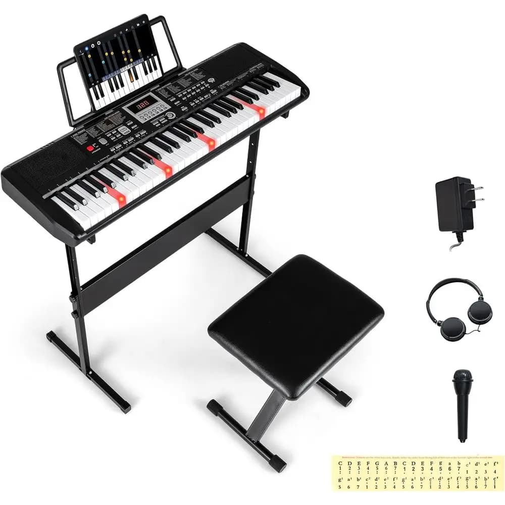 61 Key Portable Digital Piano Keyboard With Stand Bench Lighted Keys 200 Rhythms Tones Headphones Microphone Note Stickers For Adult Beginners Black