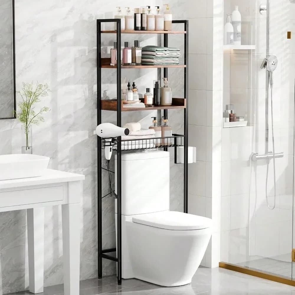 Mobiletto portaoggetti a 4 ripiani regolabili con cestello e porta asciugacapelli, organizer da bagno autoportante sopra il WC, resistente, per spa