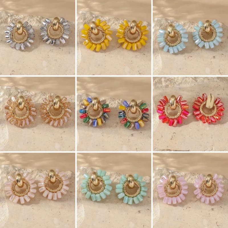 Rice bead earrings Rainbow Crystal Circle Gradient color Bohemia Hand weaving Alloy Fashion Female Simple Beaded earrings