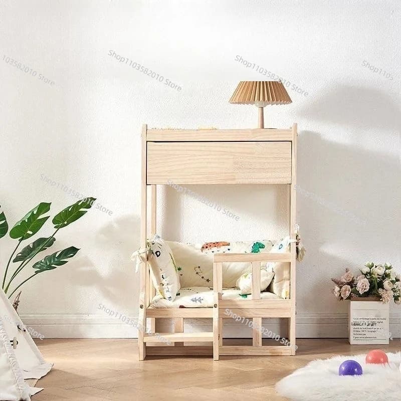 Cuccia per Animali Domestici a Doppio Strato in Legno Massello, Letto per Cani Piccoli e Gatti per Tutte le Stagioni con Cassetto Portaoggetti e Comodino