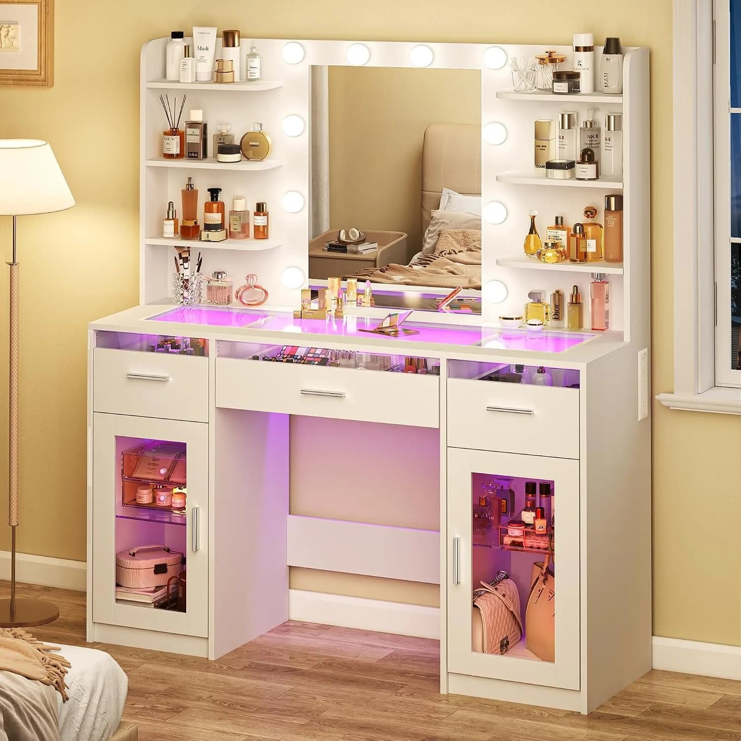 Vanity Desk With 3 Color Lighted Mirror Transparent Top 3 RGB Drawers & 6 Storage Shelves For Makeup Dressing, Custom