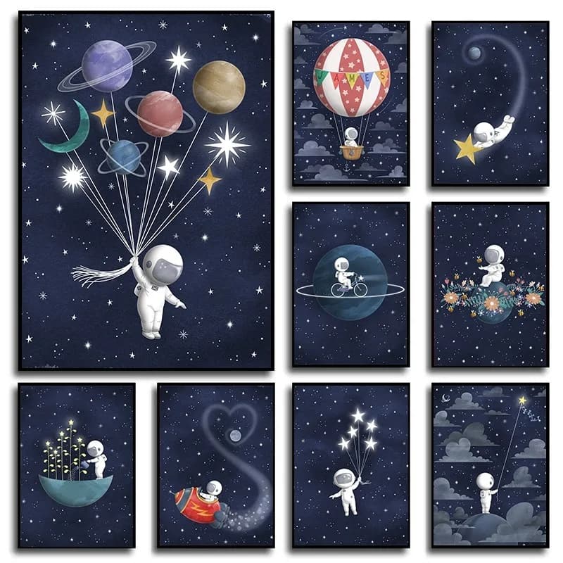 Cartoon Astronaut Space Themed Moon and Stars Poster Navy Blue Starry Night Wall Outer Space Canvas Painting Kids Nursery Dec