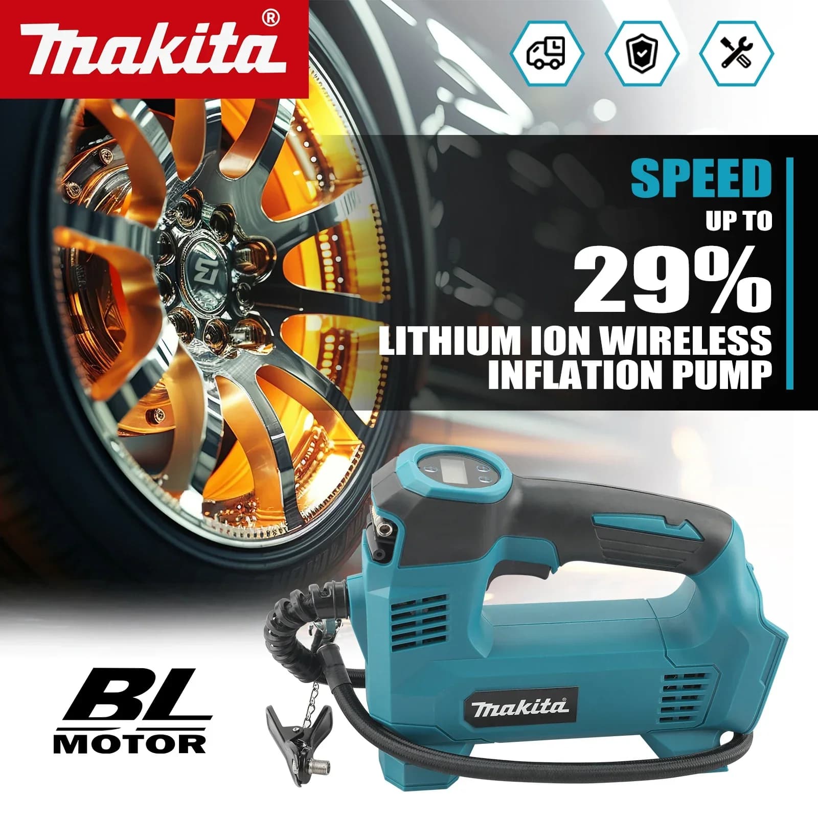 Pompa ad aria portatile senza fili Makita 18V - Gonfiatore elettrico per pneumatici per auto, palline, ecc. Compressore d'aria compatto per gonfiaggio rapido