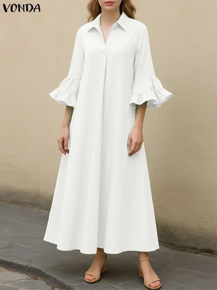 Donne Plus Size Vestito Estivo Risvolto Manica 3/4 Increspato Elegante Maxi Abiti Lunghi Casual Solid Party Robe Abiti da Ufficio 5XL VONDA