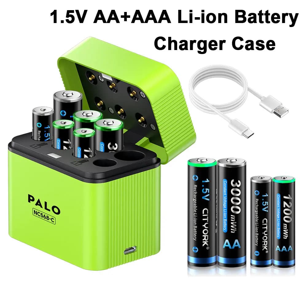 CITYORK Batteria agli ioni di litio AA AAA da 1,5 V Batteria ricaricabile AA + AAA da 1,5 V Celle AA AAA con custodia per batteria a 8 slot
