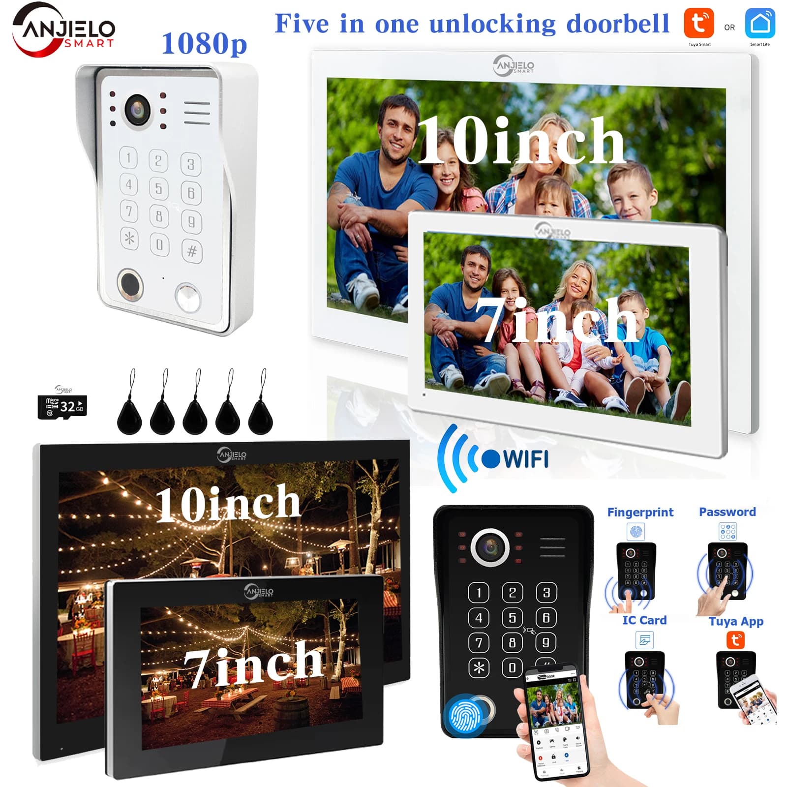 ANJIELO Tuya Smart Sistema Videocitofonico 1080P, Sblocco con Impronta Digitale, Funzione Cinque-in-Uno, Videocitofono WiFi per Casa