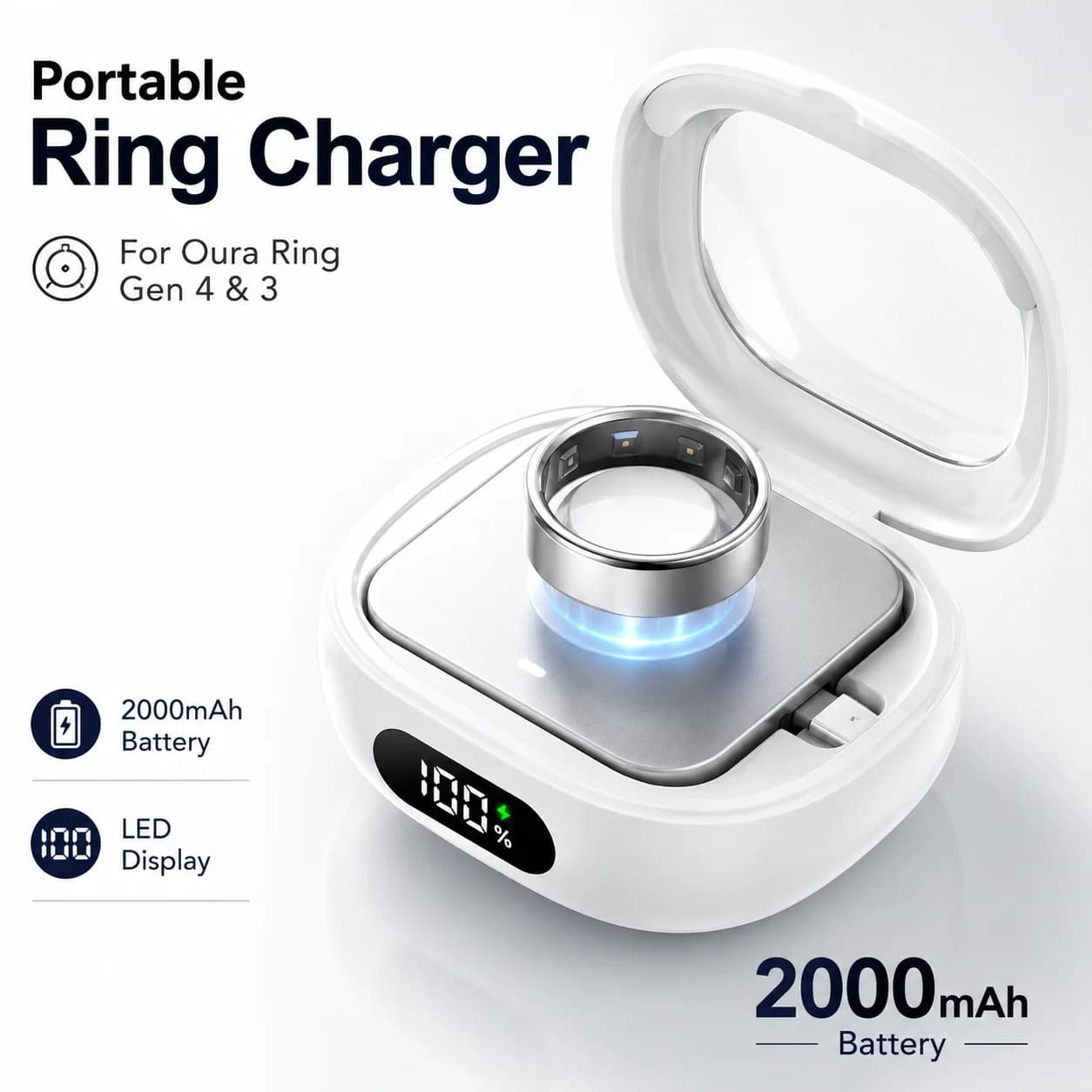 Custodia di ricarica portatile per Oura Ring Gen 4 e 3, Power Bank da viaggio da 2000 mAh, Scatola caricabatterie Type-C