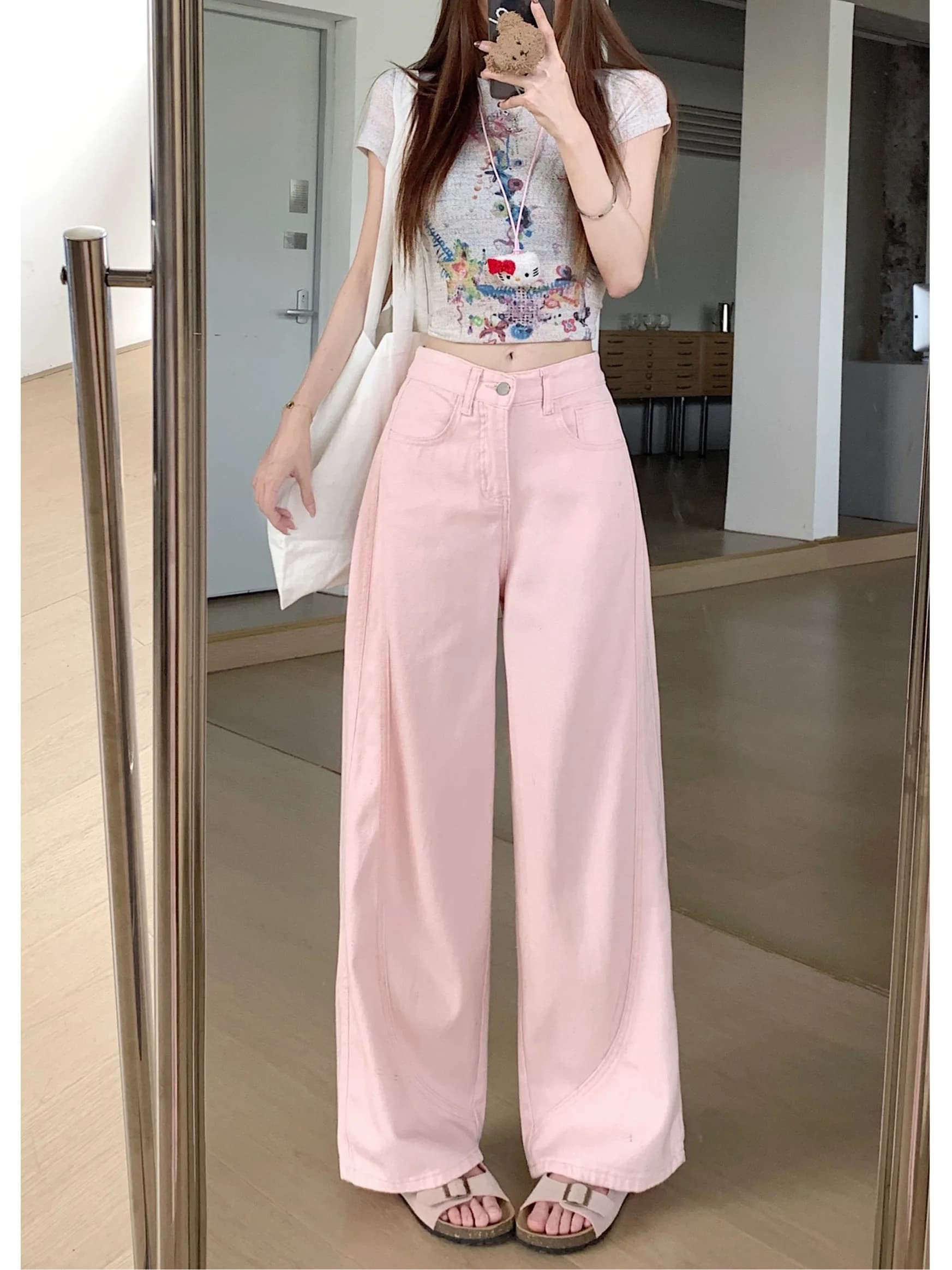 Jeans Rosa a Vita Alta e Gamba Larga da Donna, Taglio Dritto Casual, Pantaloni Stile Teenager, Nuovi Arrivi Primavera 2026