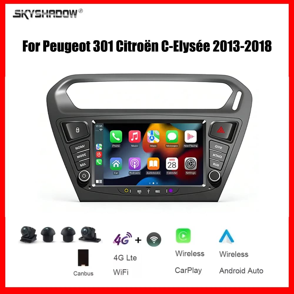 Autoradio multimediale 8" CarPlay Android con 4G, Wi-Fi, Bluetooth, GPS e navigazione per Peugeot 301 Citroën C-Elysée 2013-2018