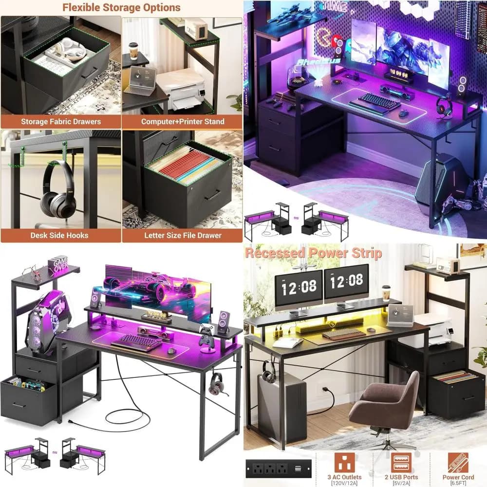 Gaming Desk with LED Strip & Power Outlet, 59Inch Reversible Computer Desk with Monitor Stand & Storage Shelves, Home Oice Desks