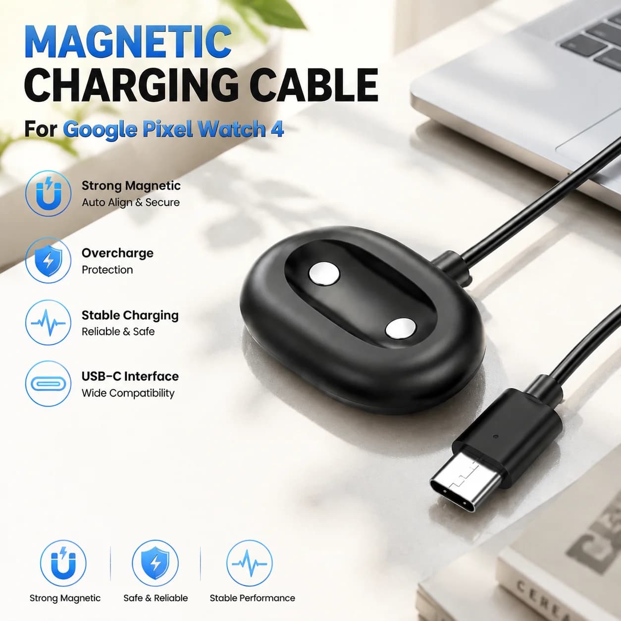 100CM Fast Charging Cable Base For Google Pixel Watch 4 41mm 45mm Magnetic USB / Type-C Charging Power Charge Accessories