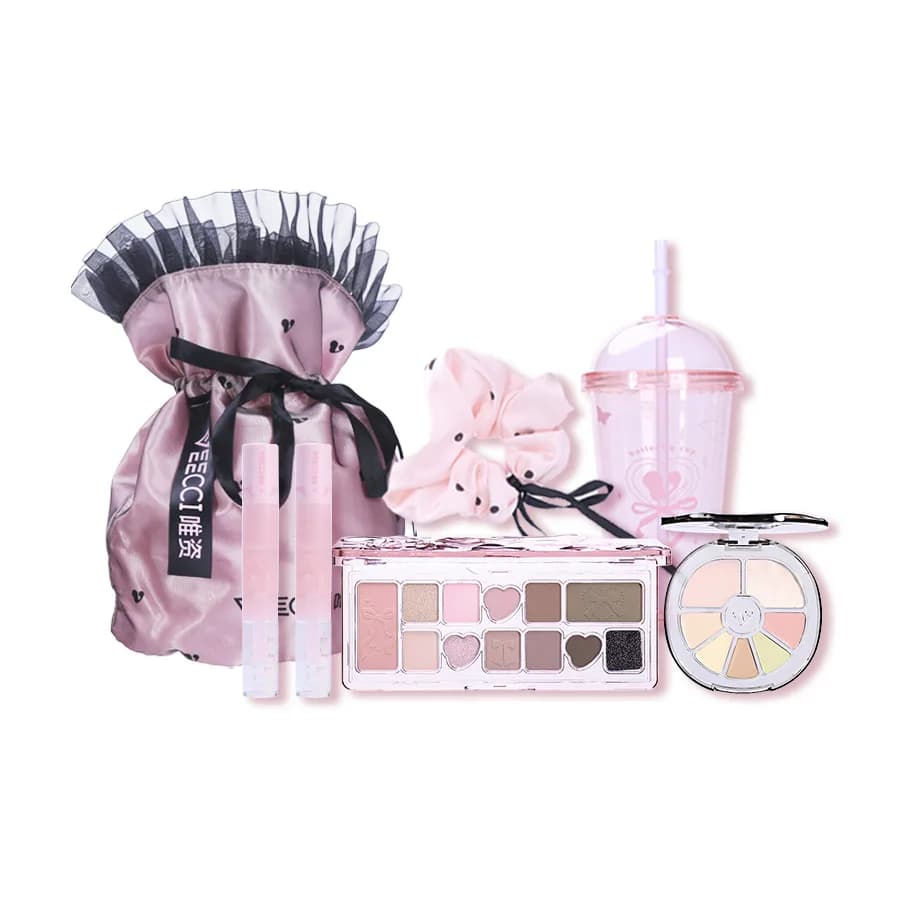 VEECCI Sweet and Spicy Girl Ribbon Series Gift Box: Palette Ombretti, Lucidalabbra, Cipria e Trucco Quattro Colori