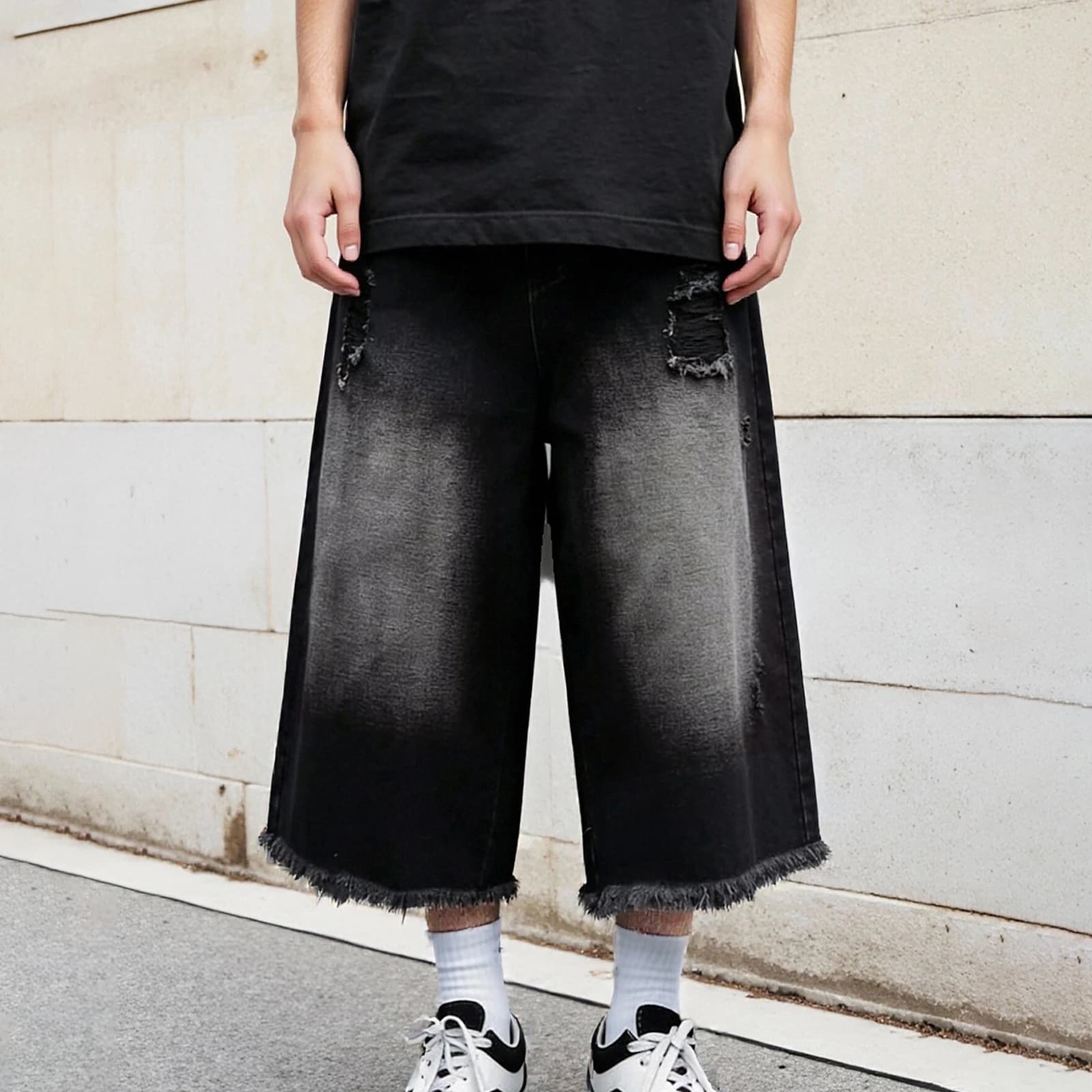 Jeans Corti da Uomo Lavati, Strappati, con Orlo Grezzo, Gamba Larga, Stile Baggy, Pantaloncini Estivi in Denim, Streetwear