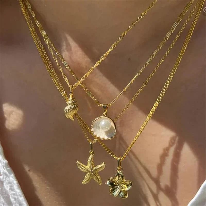 Collana Multistrato Pieghevole con Ciondolo a Stella Marina e Conchiglia Marina Color Oro, Catena di Perle, Stile Boho, Moda 2026, per Donna, Set di Gioielli