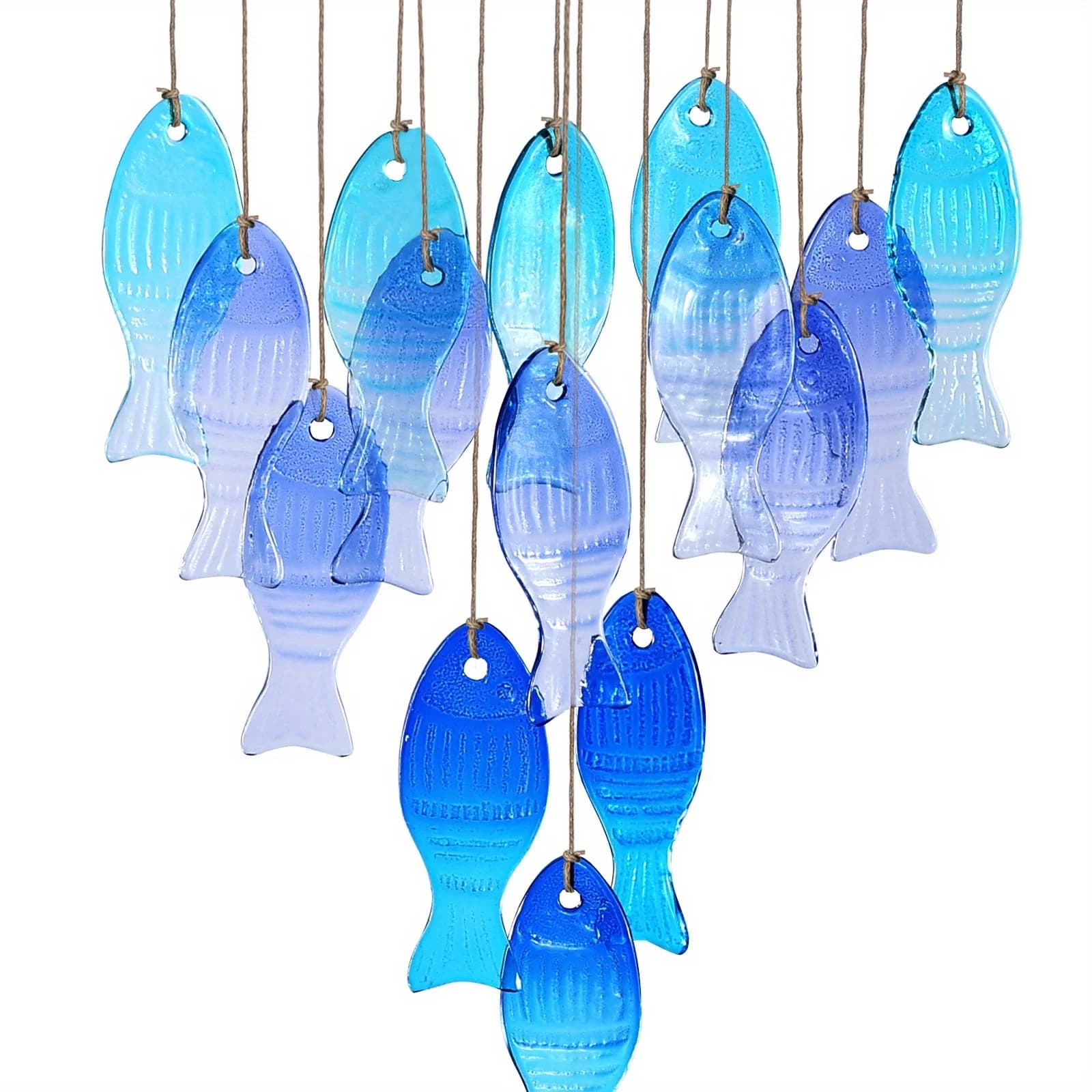 Handmade Blue Glass Fish-Shaped Wind Chime - Large Outdoor/Indoor Hanging Decoration with Vibrant Spherical Fish, Battery-Free,