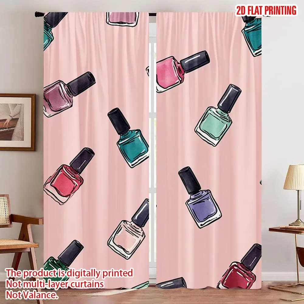 Cute Nail Polish Pattern Curtains, Pink Manicure Print Drapes, Girly Bedroom Beauty Salon Window Treatment Decor