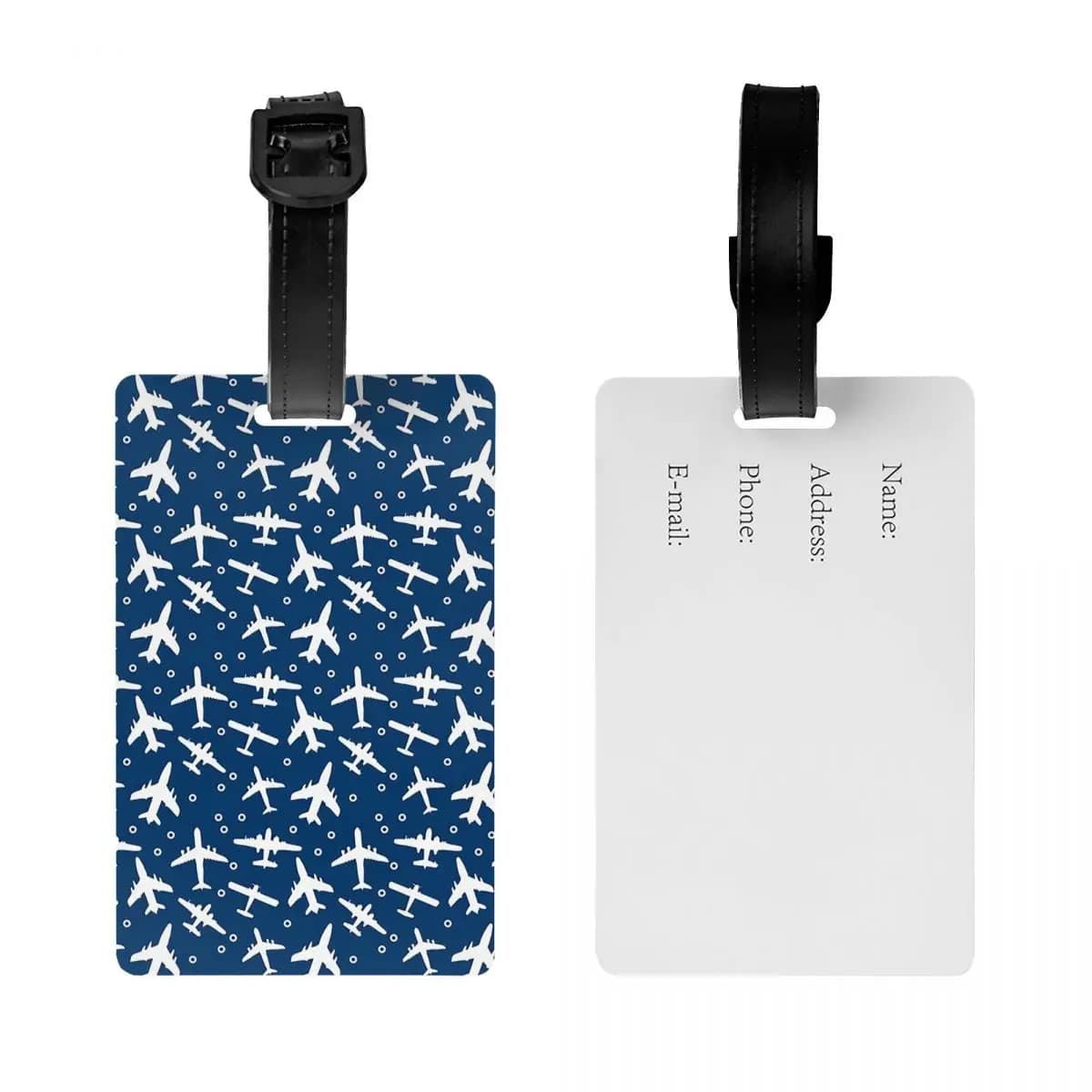 Etichette per bagagli con motivo a silhouette di aeroplani blu e bianchi, accessori per valigie, etichetta per bagaglio da viaggio, porta etichette per imbarco, porta nome ID