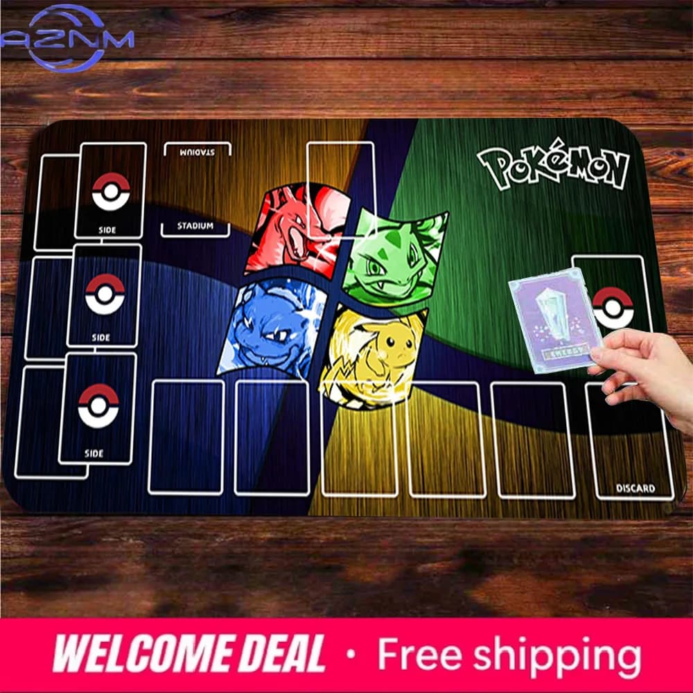 Tappetino da Gioco Classico Kanto Starters Pokemon TCG, Grande Tappetino Antiscivolo per Giochi di Carte con Zone, Tappetino per Mouse da Scrivania