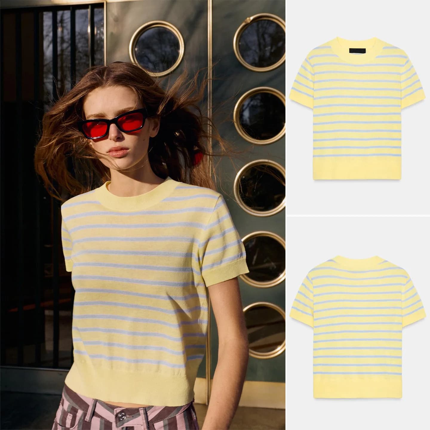 Nuovo Arrivo Primavera: Maglione da Donna in Maglia a Collo Tondo, Maniche Corte, a Righe, in Fibra di Poliestere, Stile Casual per il Lavoro