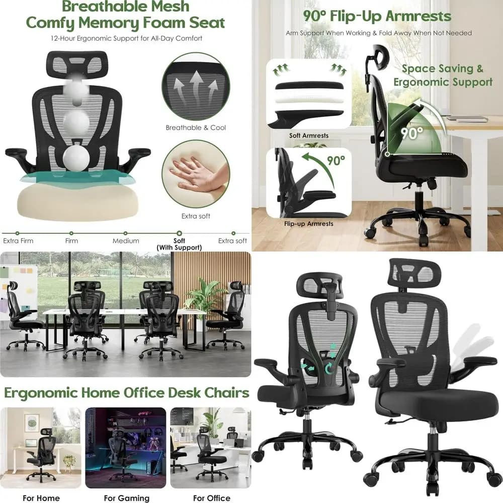 Sedia da ufficio ergonomica con schienale alto in rete, supporto lombare, braccioli regolabili, ruote e funzione girevole per casa o ufficio, nera