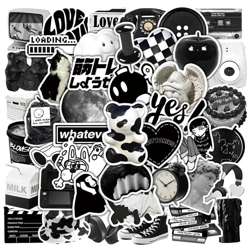 50 adesivi impermeabili Graffiti stile Ins in bianco e nero per decalcomania casco notebook