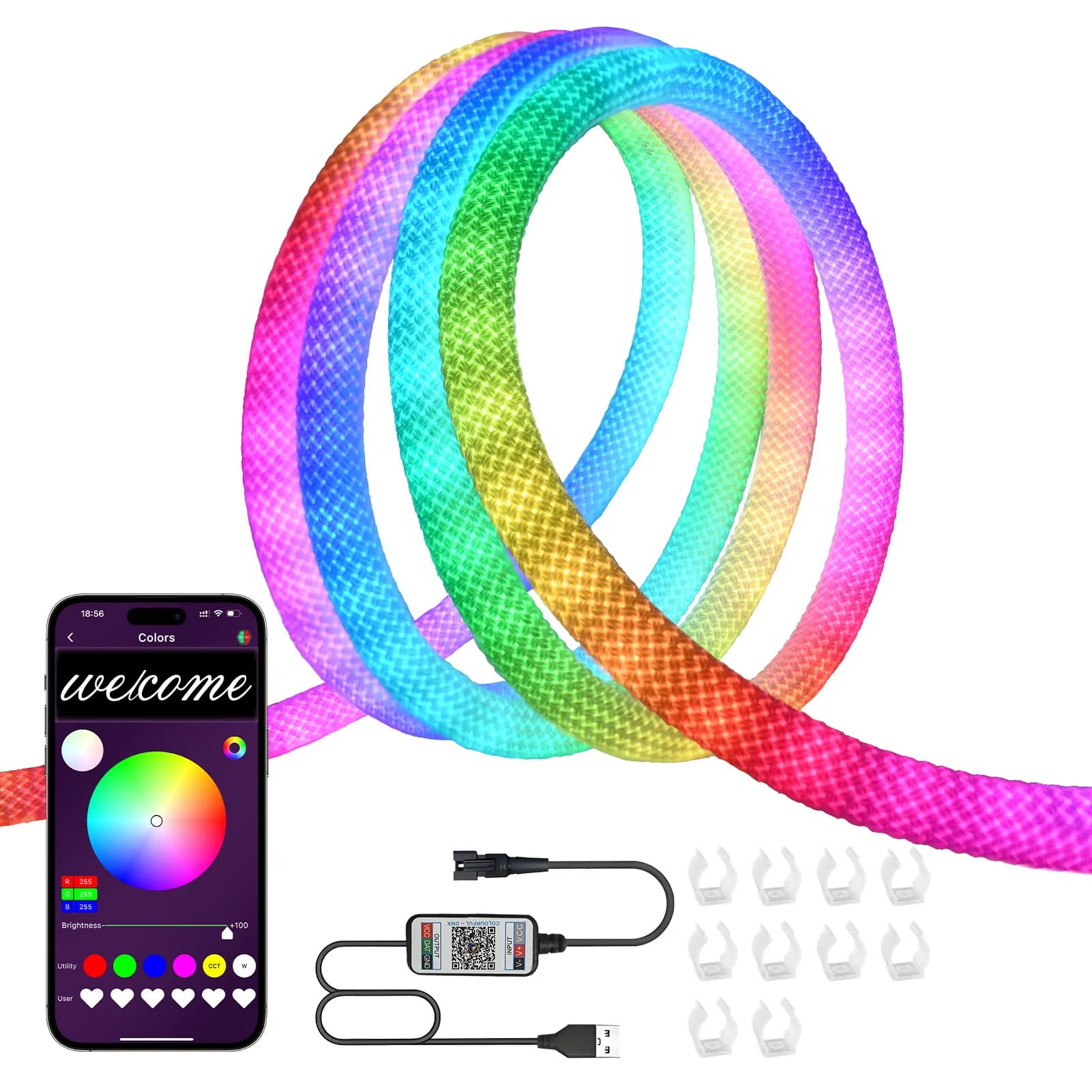 Tubo LED Rotondo a 360 Gradi, Striscia LED Indirizzabile Impermeabile, Luci a Corda Multicolore Effetto Arcobaleno, Controllo App USB 5V, IP67