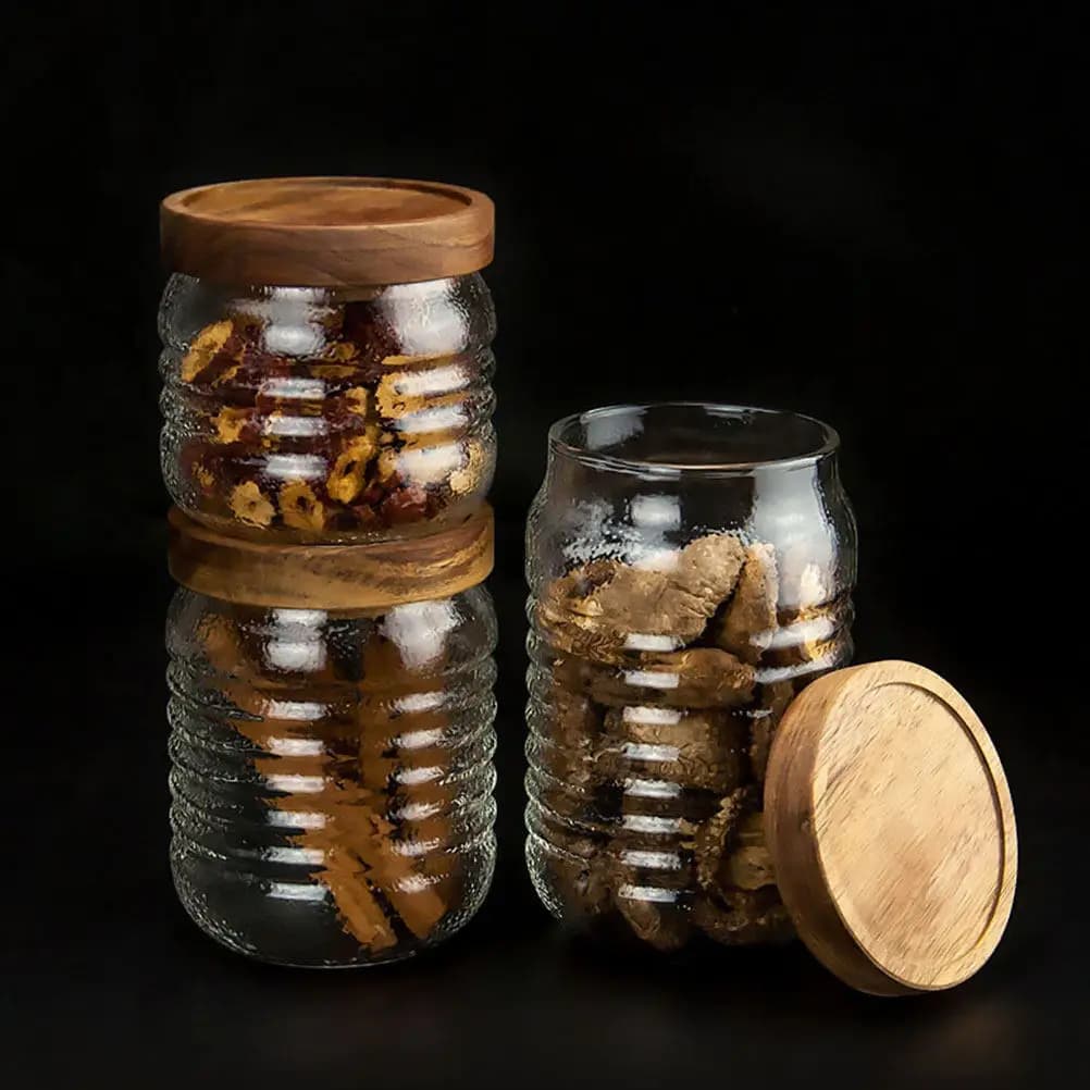 Wooden Cover Glass Jar Thicken Food Sealed Storage Container Tea Grain Canister Empty Bottle for Home Kitchen Shop Office Glass