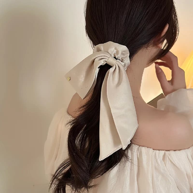 Donna coreana Grandi ed eleganti elastici in seta Fascia per capelli Fiocco in raso nero Scrunchies Cravatte per capelli Accessori per capelli con coda di cavallo da donna