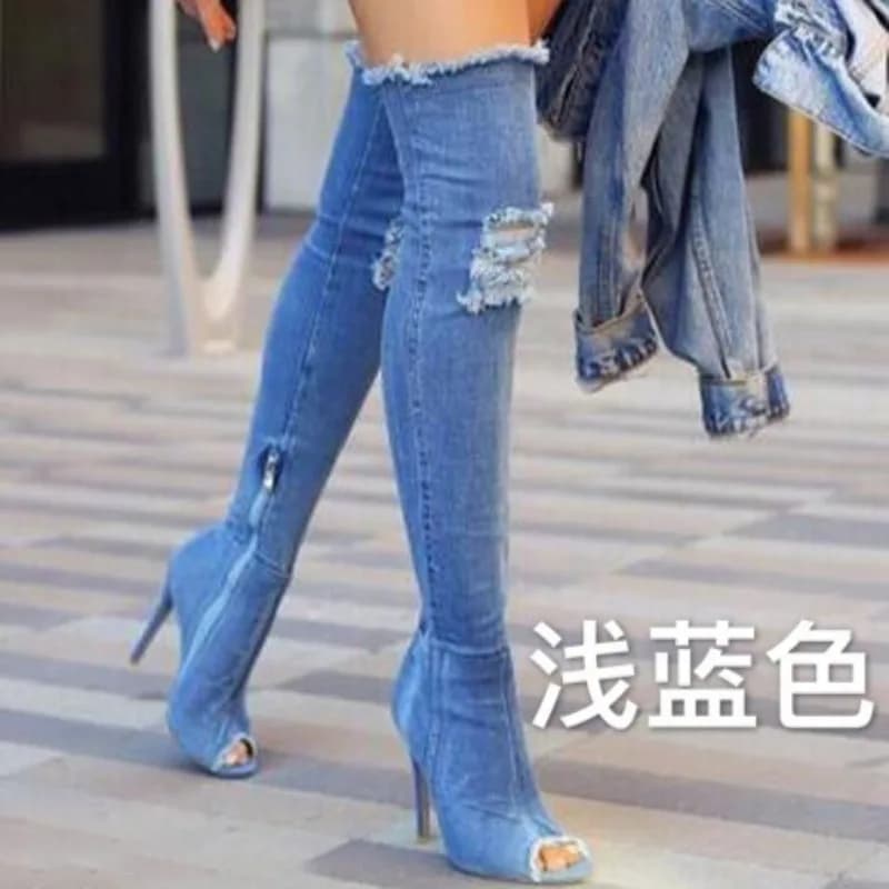 Stivali da donna in denim sopra il ginocchio con tacco a spillo, modello fishmouth, elasticizzati, con bordo sfrangiato, per club e feste