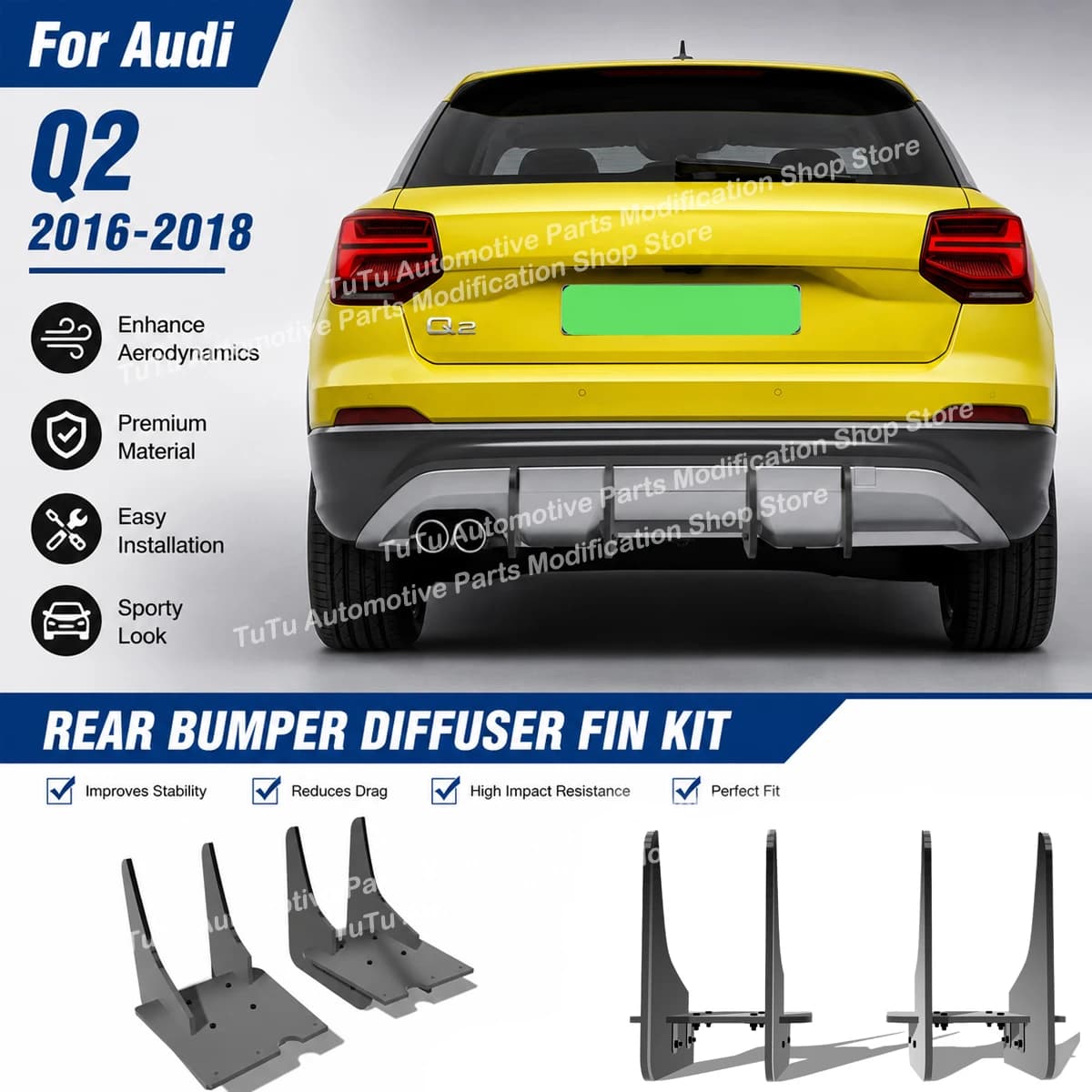 Diffusore Posteriore e Splitter Paraurti per Audi Q2 2016 2017 2018, Spoiler, Protezione Sottoscocca, Kit Carrozzeria, Accessori Esterni