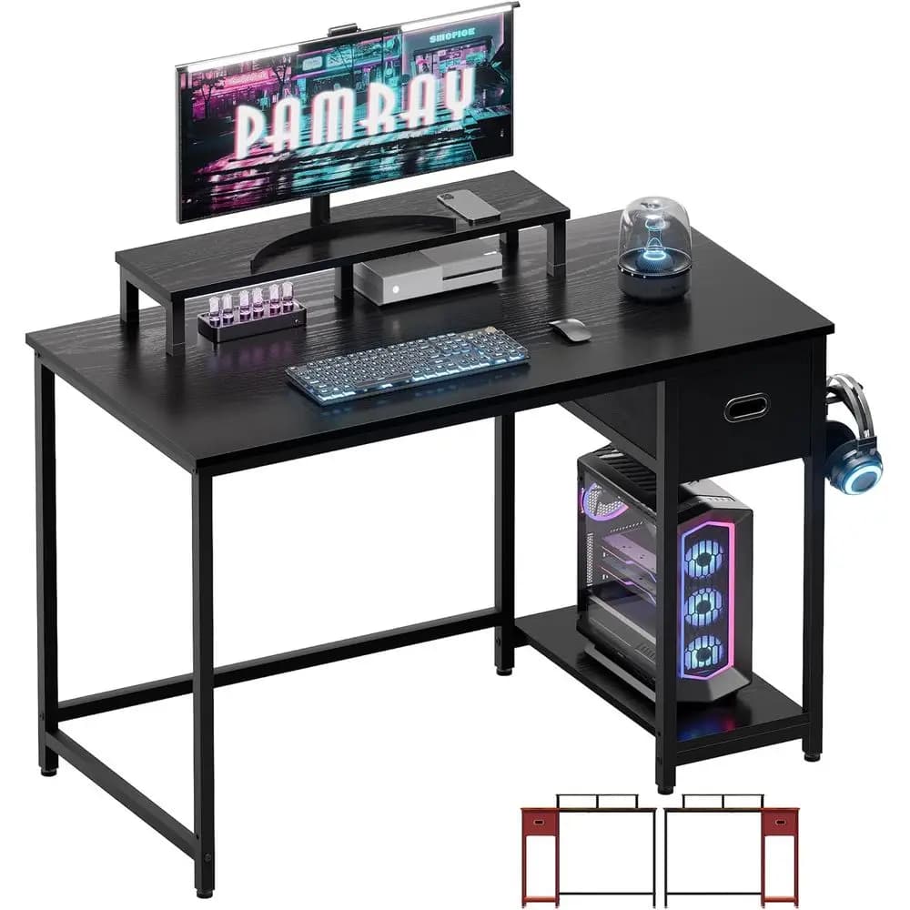 Supporto per Monitor Compatto 39 pollici per Ufficio Domestico, con Cassetto Portaoggetti, per Studio, Camera da Letto, Spazio per Scrivere e Lavorare, Nero