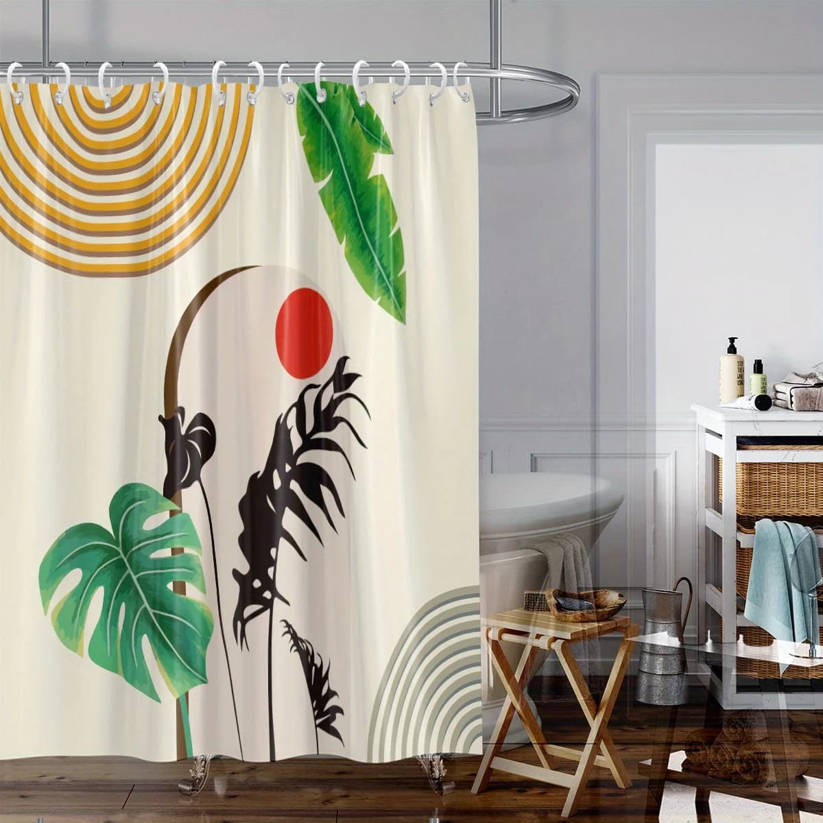 Tenda da doccia con stampa floreale astratta nordica da 1 pezzo con motivo sole rosso e foglie tropicali - Tessuto in poliestere, lavabile in lavatrice