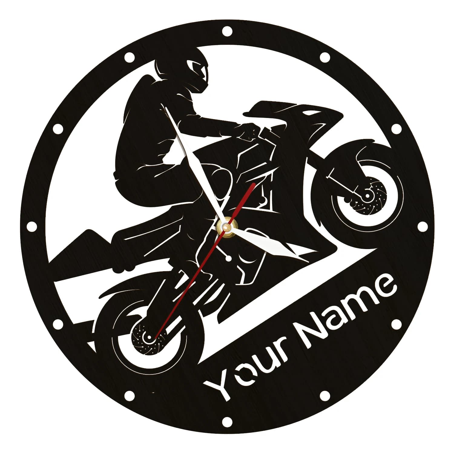 Black wooden wall clock for racing bike with custom name for man Cave Bedroom Moto Wooden watch with name racer