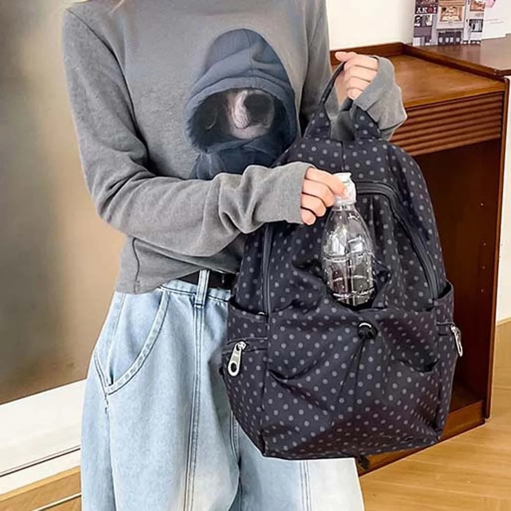 Zaino in nylon anti-schizzi con pois, leggero, con coulisse, borsa da scuola per studenti, lavabile, con tasche multiple, per viaggi e uso quotidiano
