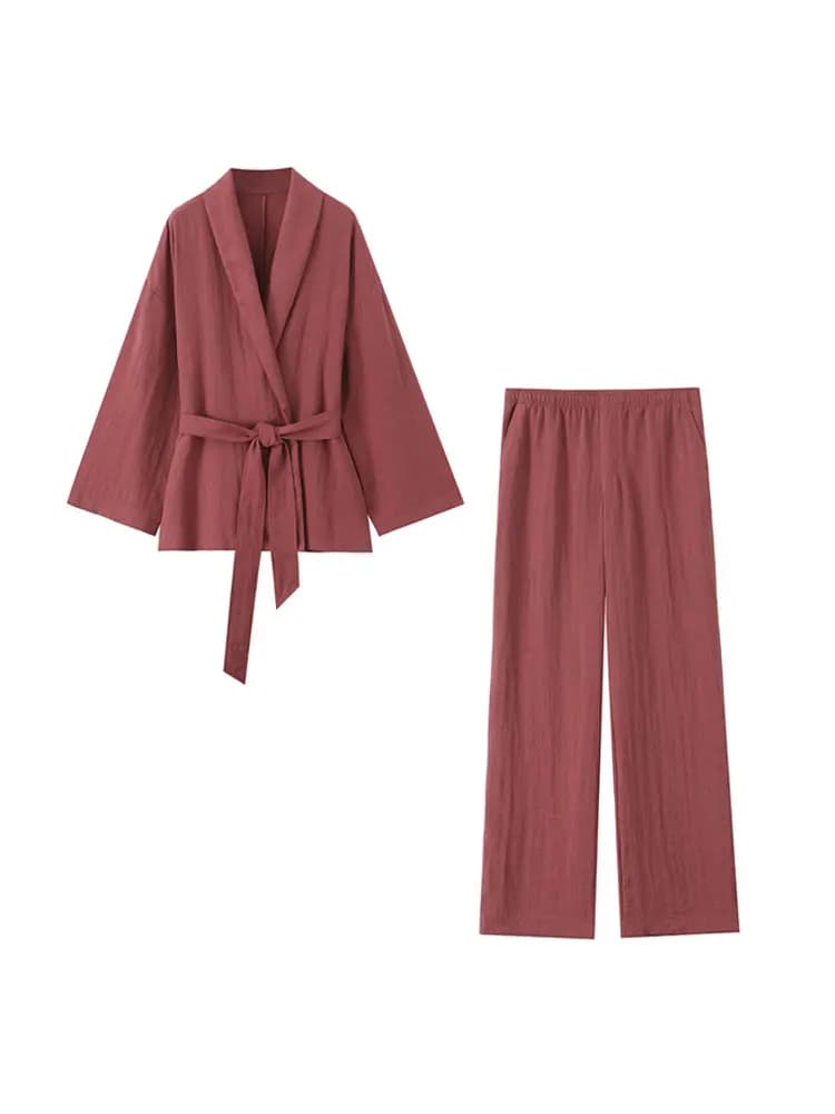 Moda donna con giacca kimono con cintura e tasche laterali in vita elastica midi Pantaloni set da due pezzi femminili Mujer