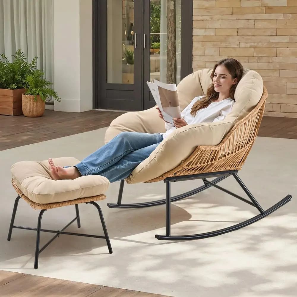 Poltrona a dondolo Papasan con poggiapiedi, poltrona Papasan oversize con cuscino imbottito, sedia a dondolo per interni ed esterni per soggiorno