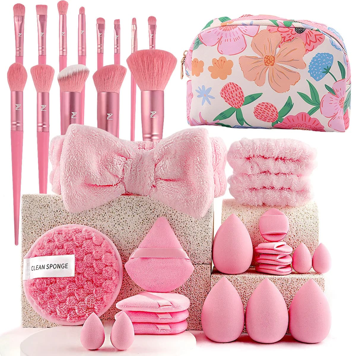 Set di 34 Pennelli da Trucco Rosa con Fascia per Capelli a Fiocco e Spugna per Pulizia, Kit Professionale Beauty Blender con Borsa Impermeabile in PU per Donne