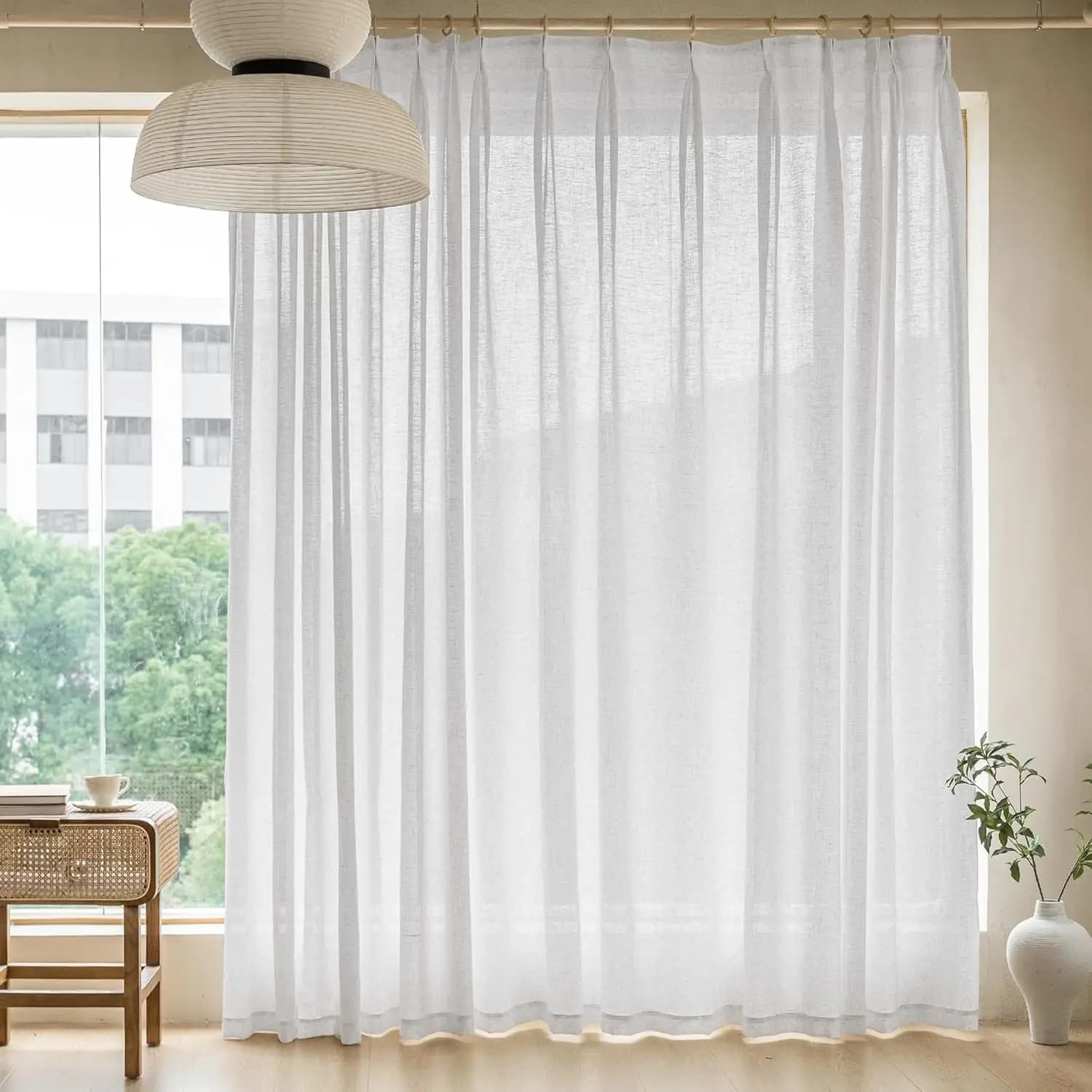 White Pinch Pleat Curtains 100 Inches Wide 1 Panel Semi Sheer with Hooks for Living Room Sliding Doors Light Filtering