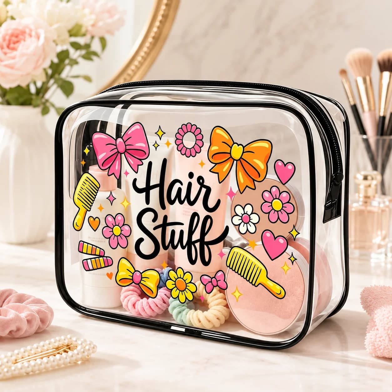 Clear Cosmetic Bag Cute Hair Stuff Print Transparent PVC Toiletry Bag for Hair Accessories Makeup Travel Storage Organizer