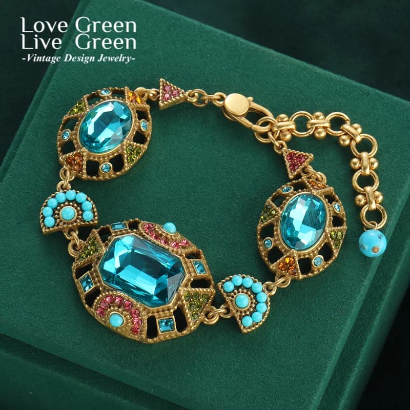 Bohemia Antique Gemstone Charm Blue Square Crystal Bracelets For Woman Vintage Boho Beads Bangle Retro Jewelry Accessories 2025