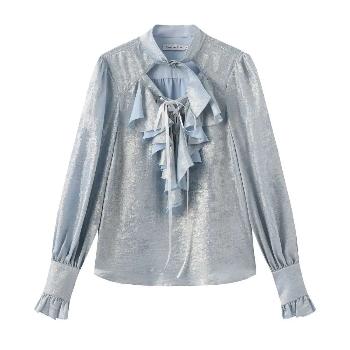 Japanese Sweet Cool Ruffle Trim Lace Up Puff Sleeve Shirts Tea Party Cosplay Retro Palace Style Shiny Metallic Lolita Blouse