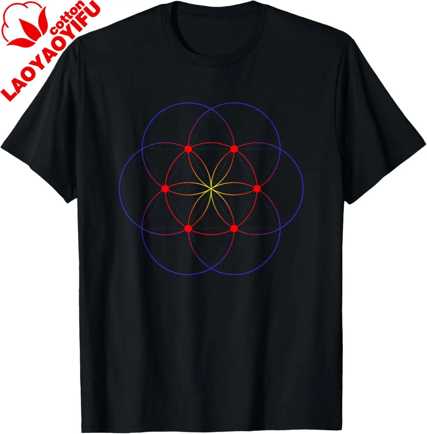 Powerful Seeds of Life, Flower of Life, Design of Sacred Geometry, T-shirt with print, Gifts with original design, Funny cotton shirt