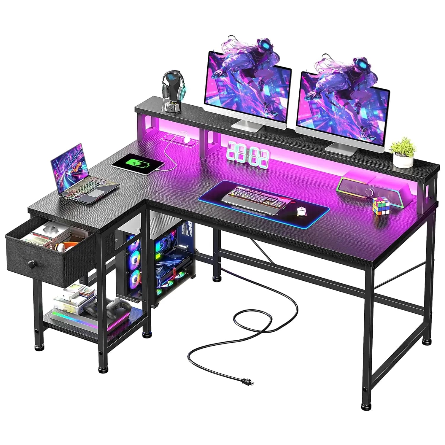 Scrivania da Gaming a L da 40 Pollici con Luci LED, Presa di Corrente, Cassetto e Supporto Monitor, per Stanze Piccole, Studio, Camera da Letto, Personalizzabile
